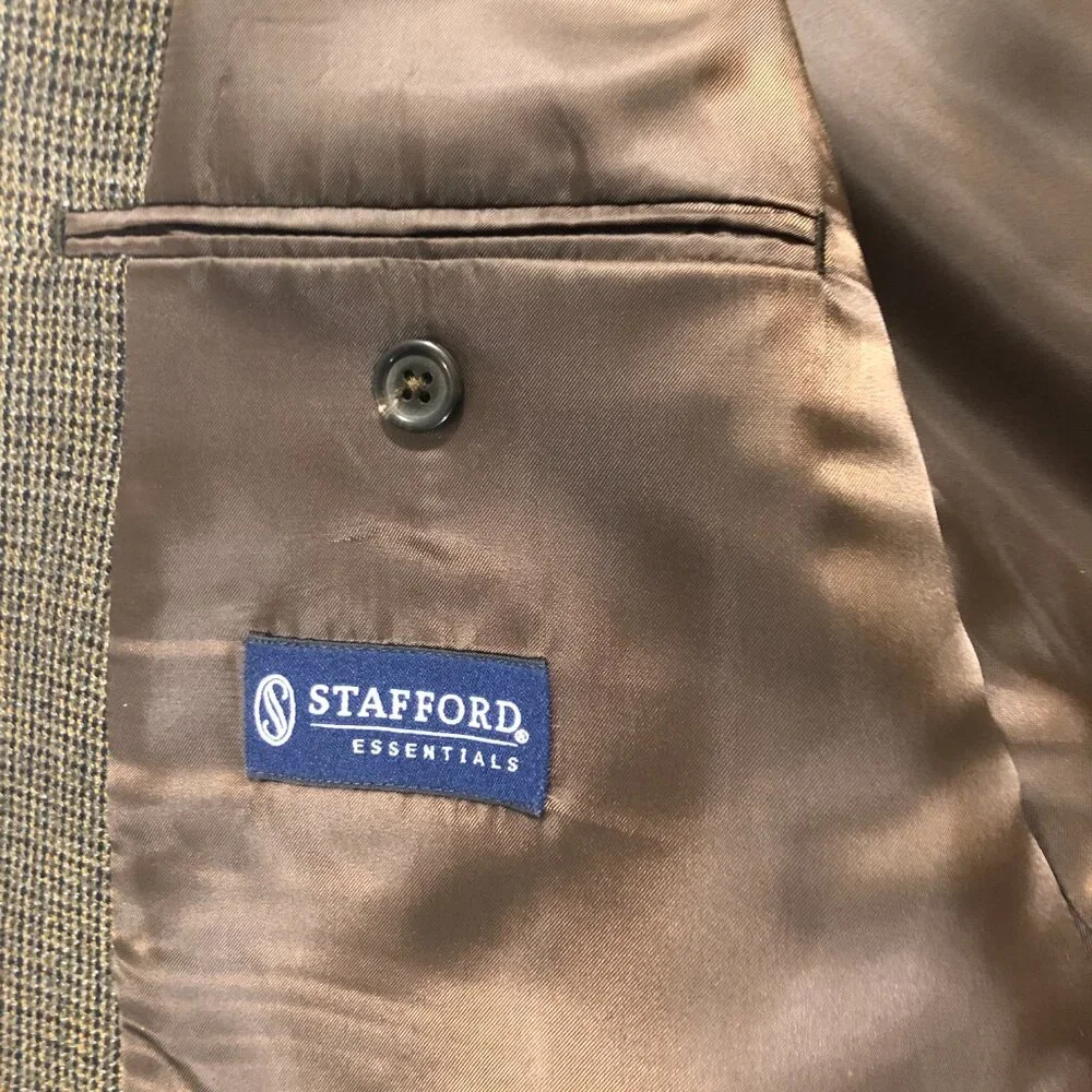 NWT Stafford Essentials Black Olive Check Classic Fit‎ Men's Size 46R